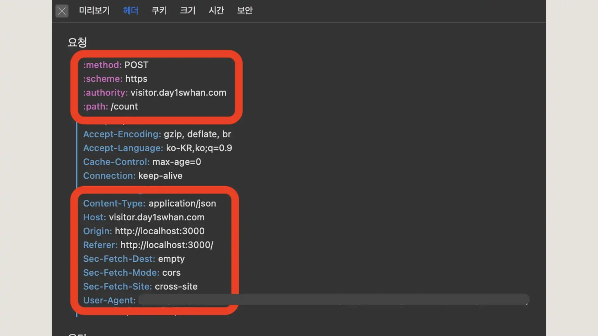 Fetch POST Request Header 화면