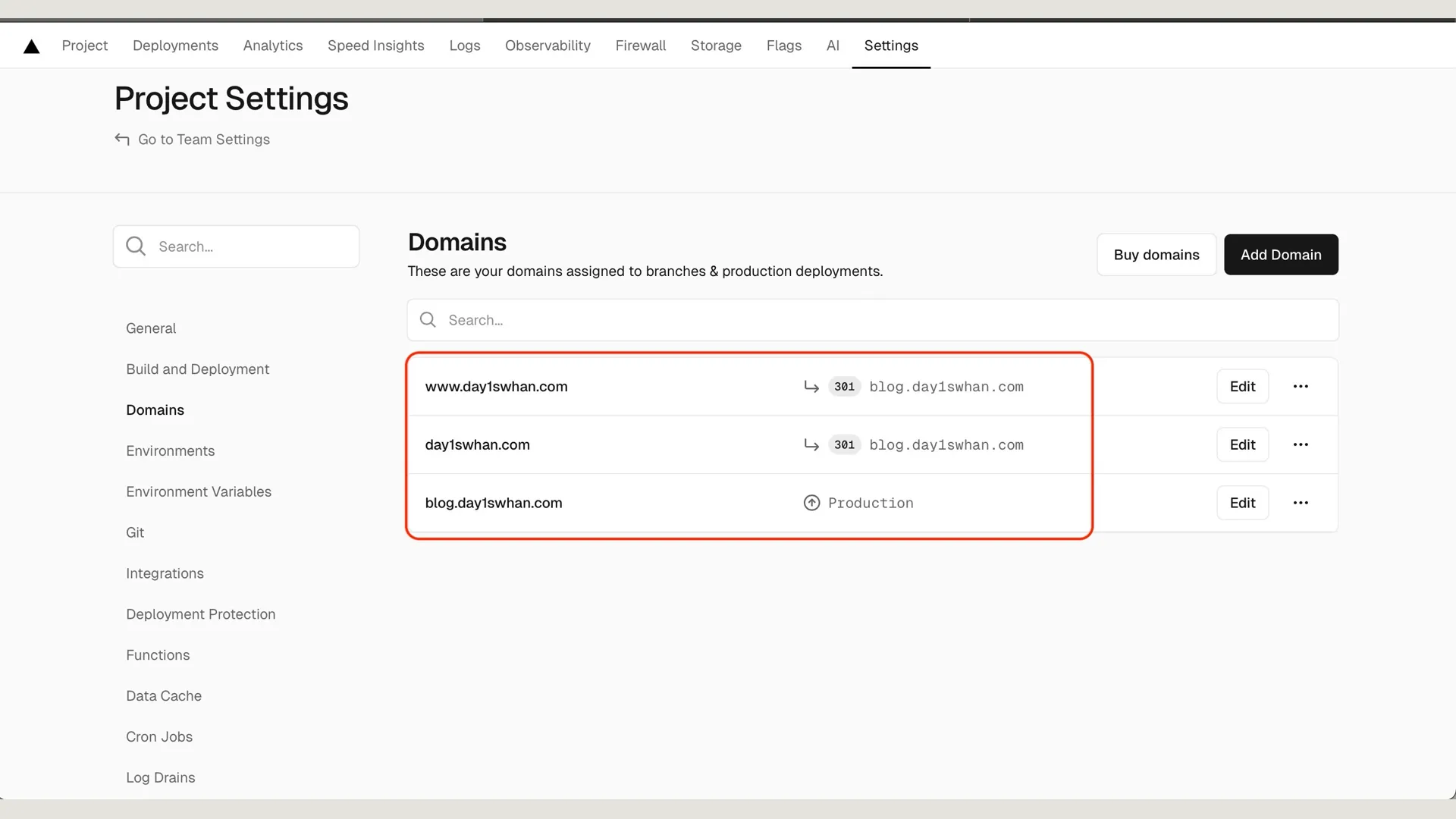 vercel domains overview